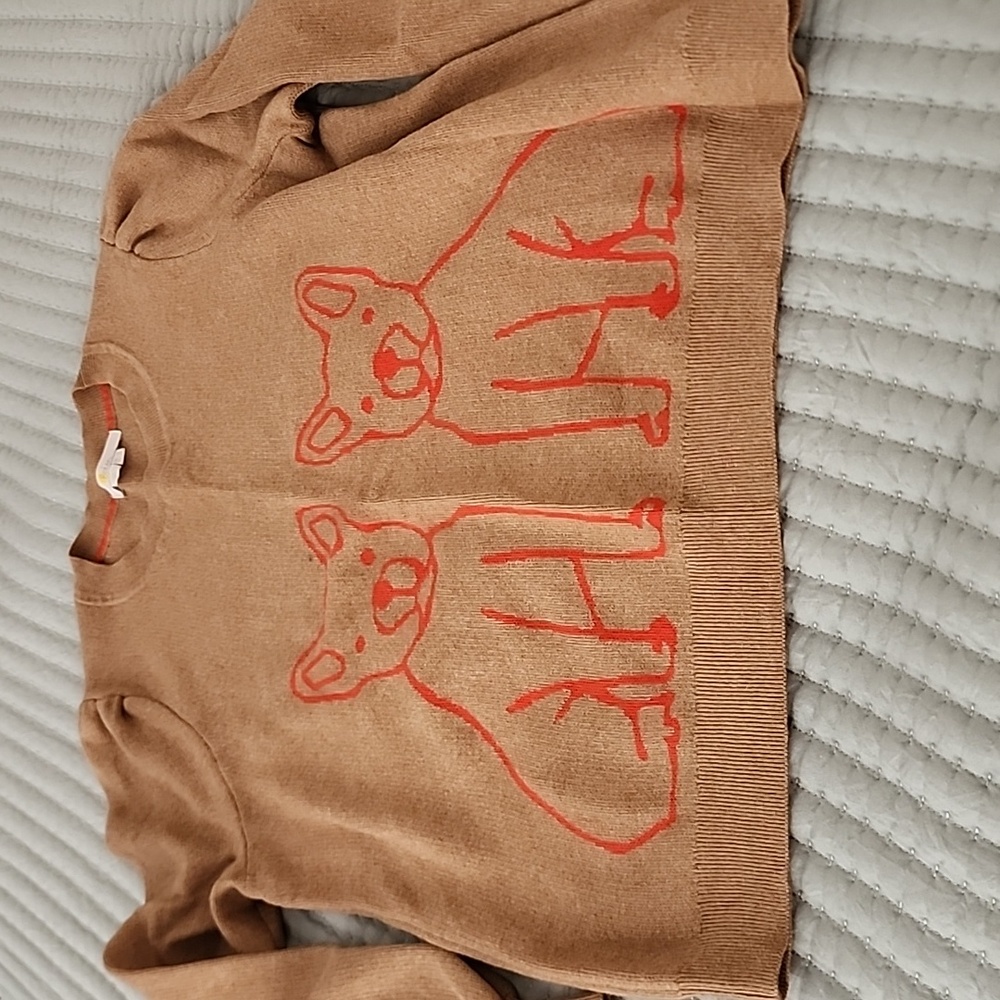 Boden Camel Crewneck Sweater with Orange Dog Motif